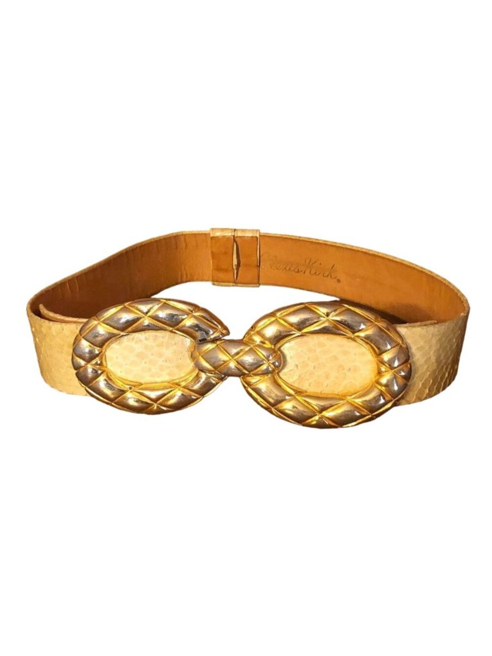 Alexis Kirk Vintage White Italian Snakeskin leather Gold embellished buckle belt